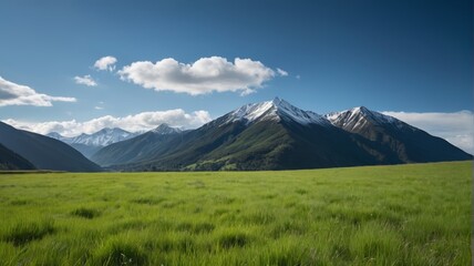Fototapeta premium mountains in the distance with a grassy field in front of them