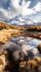 Fototapeta premium Overhead shot of a serene alpine lake, with the vivid reflections of surrounding pine trees and snow-capped peaks captured in the still waters