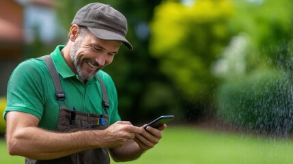 Fototapeta premium Man Adjusting Smart Irrigation System with Smartphone Outdoors