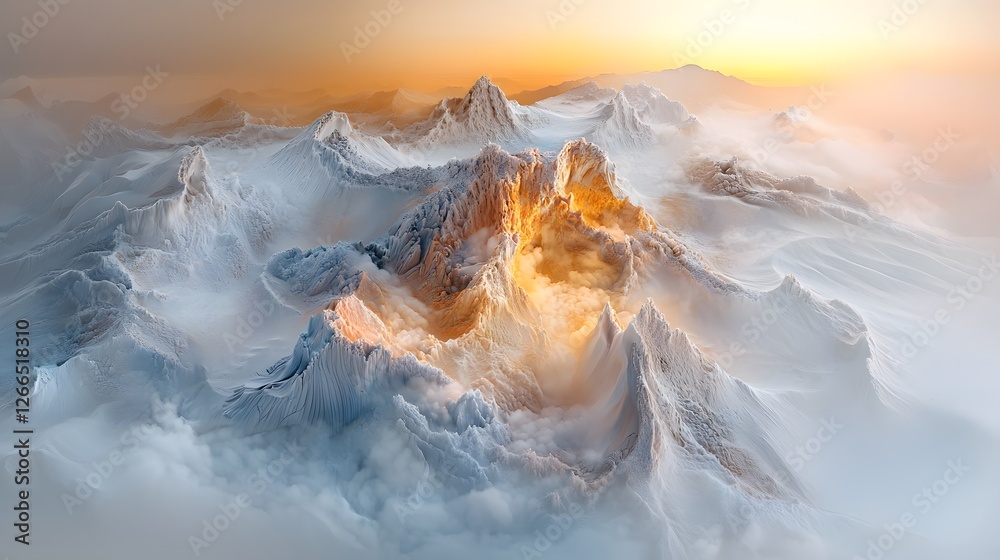 Poster aerial view of a snow-covered mountain range at sunrise, with golden light highlighting the rugged p