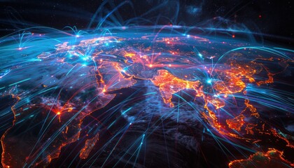World night view futuristic international telecommunication network, concept about global connection and information, background with colourful dynamic gradient line flows connecting between countries