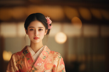 Fototapeta premium young woman in floral kimono with serene expression, set in warm, softly lit environment.