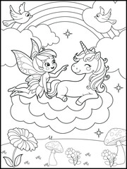 Black and white fairy coloring pages for kids. Children's coloring books with cute cartoon fairy and unicorn characters, fun and educational materials for kindergarten.

