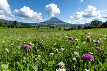 Scenic Nicaraguan Volcano Surrounded by Colorful Wildflowers and Sky