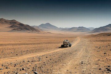 A rugged vehicle traverses a barren, desert landscape under a vast, clear sky, showcasing the stark beauty of arid terrain.