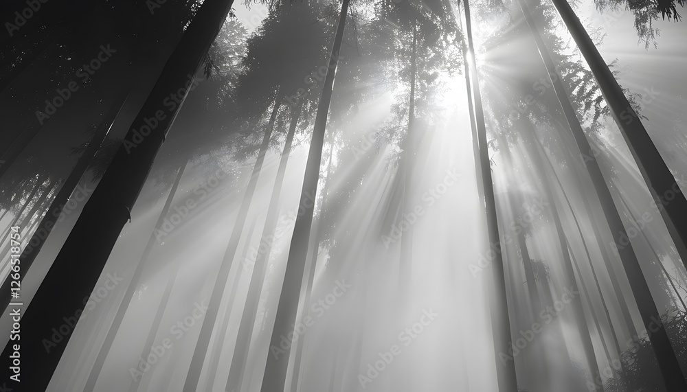 Aufkleber low-angle shot of a foggy pine forest, with sunlight piercing through the mist to create ethereal be