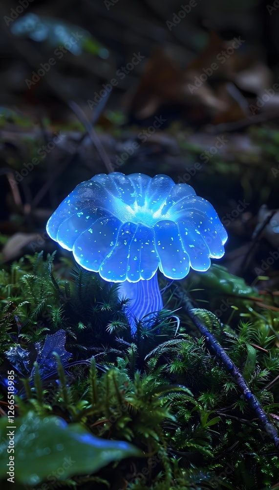 Aufkleber close-up of a single glowing bioluminescent mushroom in a dark forest, its soft blue light illuminat
