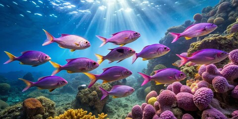 A vibrant underwater scene showcasing a school of purple and pink fish swimming gracefully amidst a coral reef, bathed in sunlight