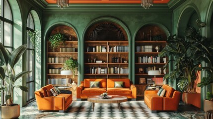 Cozy Modern Living Room with Orange Furniture and Green Walls