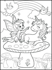 Black and white fairy coloring pages for kids. Children's coloring books with cute cartoon fairy and unicorn characters, fun and educational materials for kindergarten.
