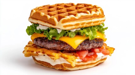 Waffle Burger with Cheddar and Fresh Ingredients. Generative AI