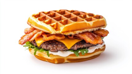 A delicious bacon cheeseburger served between two waffles with fresh toppings. Generative AI