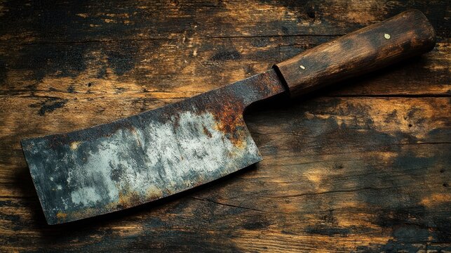 Rusty butcher knife on weathered wooden table