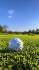 Fototapeta premium golf ball rests on green grass under clear blue sky, ready for play