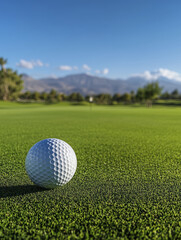 golf ball rests on tee, surrounded by lush green grass and mountains in background, creating serene atmosphere