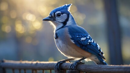 A blue jay perched on a fence, illuminated by soft, warm sunlight.