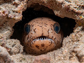 Obraz premium A freckled face moray eel peeks out of its den.