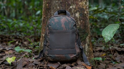 Fototapeta premium Camouflage backpack leaning against a tree in a forest.