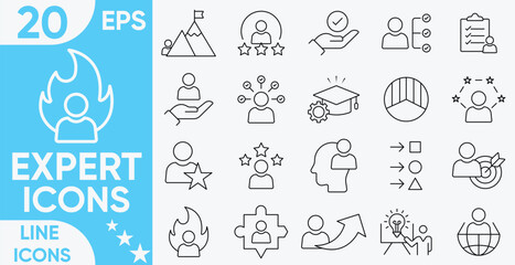 Expert Line icon set. skills, expertise, business, knowledge,competence, growth, education, meeting, specialist, experience and more.Vector and illustrator set.