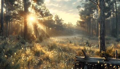 A peaceful forest clearing illuminated by golden morning light, with wildflowers scattered across the grass and tall trees framing the tranquil scene