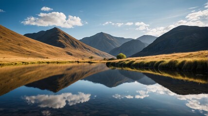 Fototapeta premium mountains reflected in a lake with a lone tree in the foreground