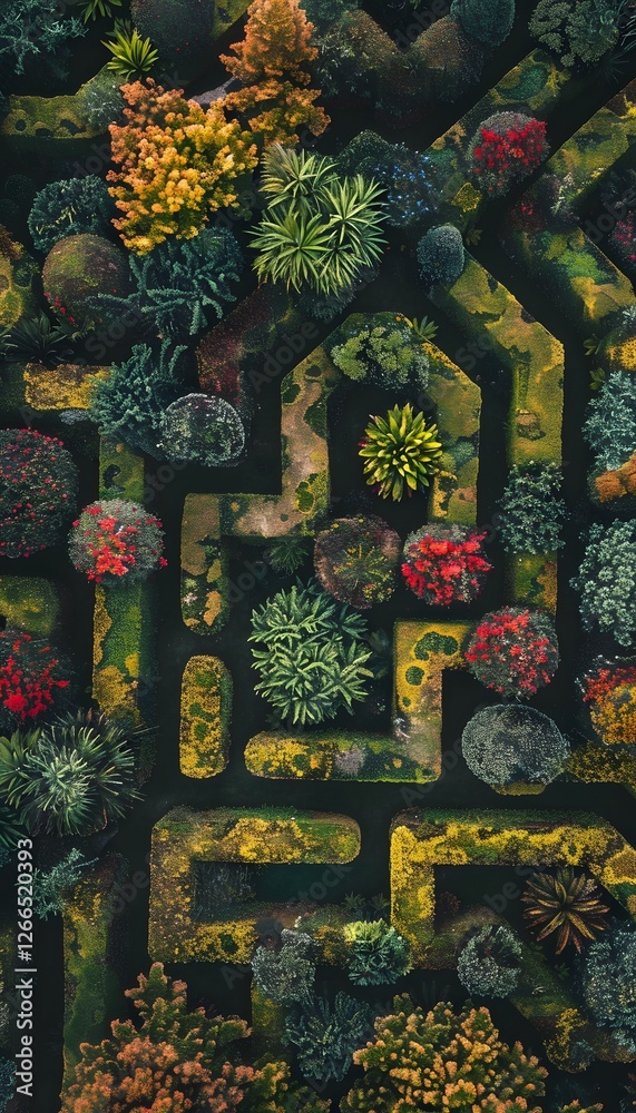 Poster overhead shot of a vibrant garden maze with symmetrical hedges and colorful flowerbeds forming intri