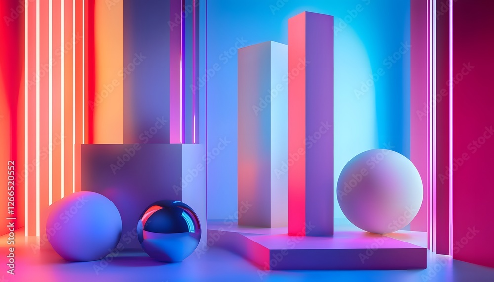 Poster an abstract landscape of shifting geometric shapes, with vibrant neon colors and reflective surfaces