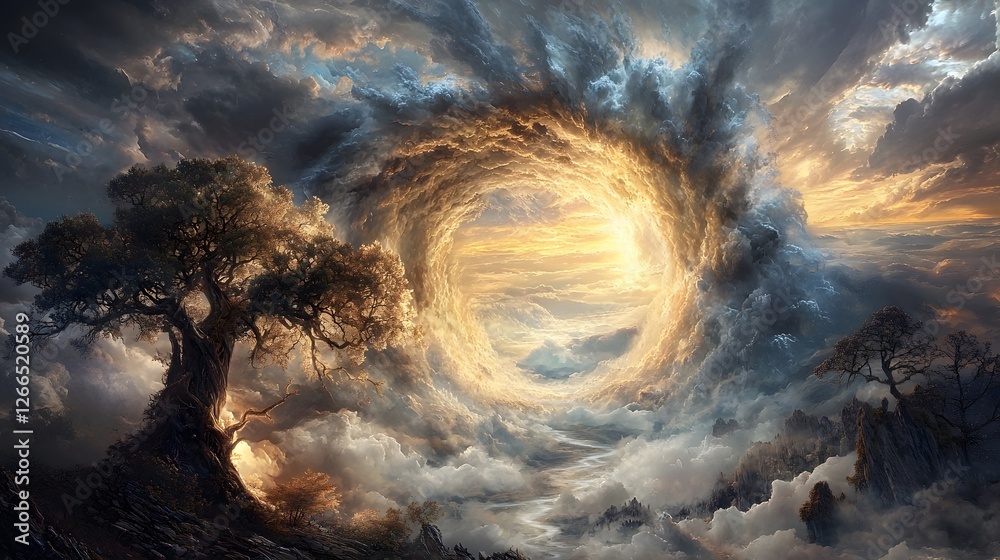 Poster a dreamlike forest with glowing trees and a translucent river flowing uphill into a swirling portal 