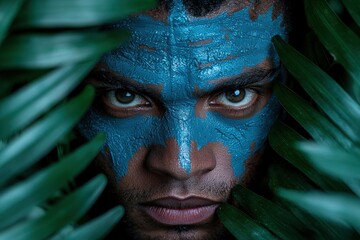 A man with blue face paint surrounded by green leaves.