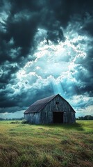 Dramatic Sky Over Weathered Barn in Lush Green Landscape