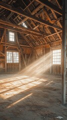 Sunlight Streaming Through Windows in Rustic Abandoned Barn Interior
