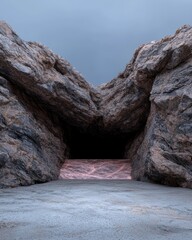 Cave entrance with a mysterious glowing light, leading into darkness.