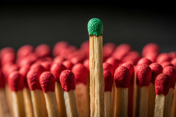 Green Match Standing Out From Red Matches In A Conceptual Close Up Display With