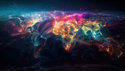 Wonderful world view futuristic international telecommunication network, concept about global connection and information, background with dynamic gradient line flows connecting between countries