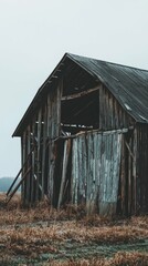 Fototapeta premium Weathered Wooden Barn Surrounded by Overgrown Field Grass