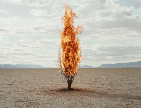 A burning bush in the middle of a desert landscape.