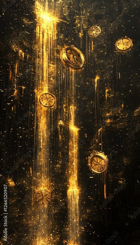 Poster an abstract representation of time, with endless clocks melting into streams of golden light that ca