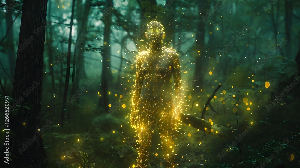 Poster a surreal figure made entirely of fireflies, standing in a dark forest illuminated by glowing biolum