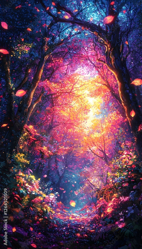 Poster a dreamlike forest with trees made of light and floating leaves glowing in vibrant colors, set again