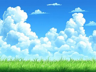 Cartoon meadow landscape with fluffy clouds, blue sky. Nature background for video game, poster