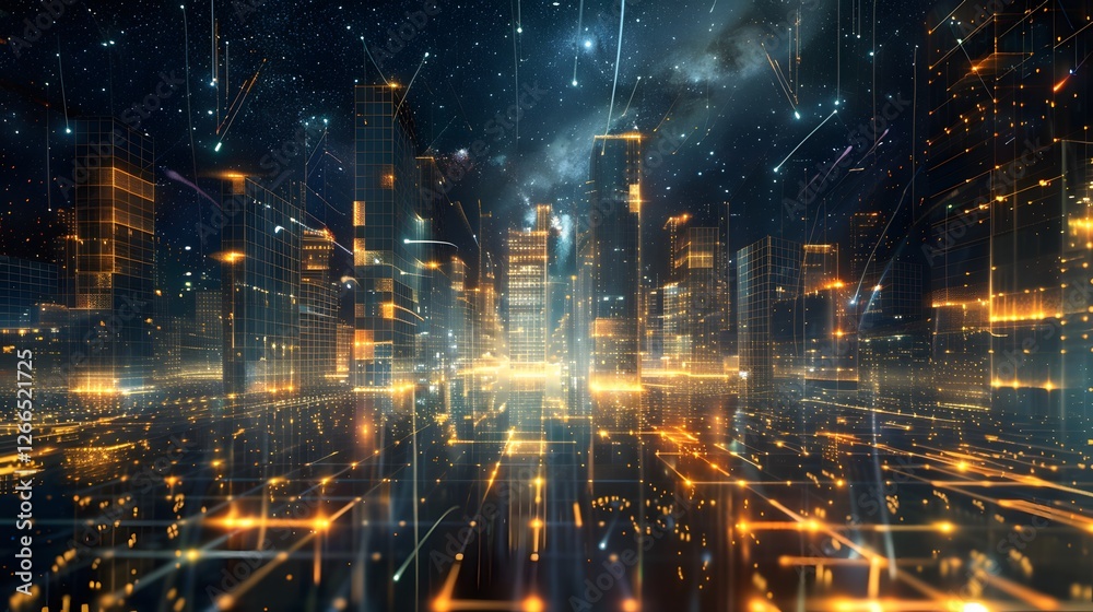 Poster an abstract representation of a cityscape, with glowing gridlines forming buildings in a vast digita
