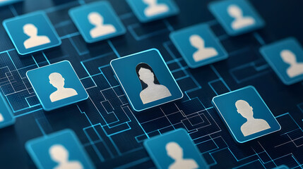 conceptual image of digital profiles interconnected network, symbolizing global connectivity and digital identity. image features abstract icons of people linked through digital grid