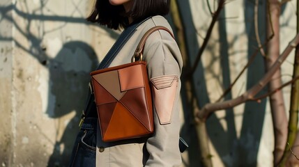 woman showcases a chic brown leather handbag with a geometric patchwork design. Autumnal tones and stylish details