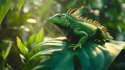 green iguana on a branch