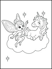 Black and white fairy coloring pages for kids. Children's coloring books with cute cartoon fairy and unicorn characters, fun and educational materials for kindergarten.
