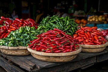 Fresh chili peppers in baskets at a vibrant market.