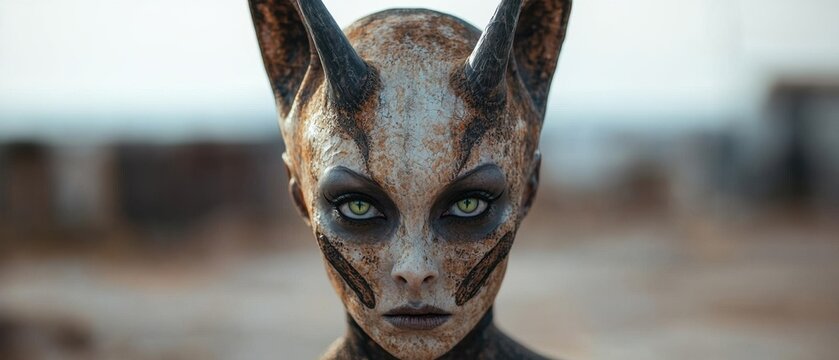 A striking portrait of a horned humanoid creature with piercing eyes.