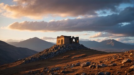 mountains in the distance with a small building on top of a hill