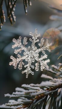 Close-up detail of a snowflake resting delicately on a pine branch, with the intricate icy pattern illuminated by soft winter light