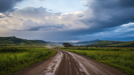 Fototapeta premium winding rural road surrounded by lush greenery and hills